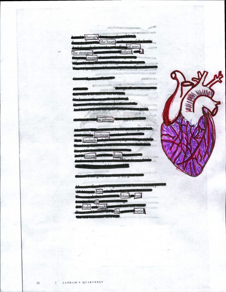 an image of blackout poetry with a drawing of an anatomically correct heart. the poem illustrates the importance of sacrifice in revolution